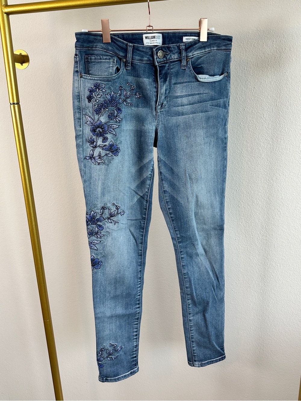 William Rast Denim Perfect Skinny Jeans with Blue Floral Embroidery